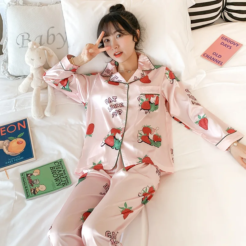 

Pajamas Women's Spring And Autumn Viscose Long Sleeve Thin Two-Piece Set Silk Cute Fresh Students Summer Home Wear