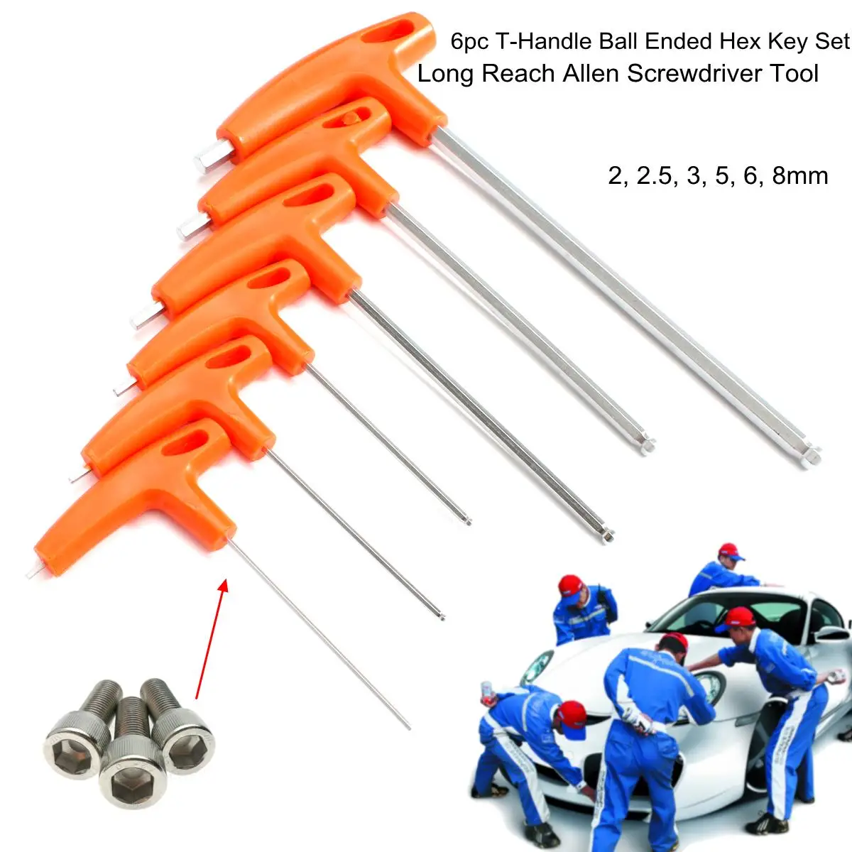 6Pcs T Handle Ball Ended Hex Key Set Long Reach Allen Screwdriver Wrench Tool 22.53568mm
