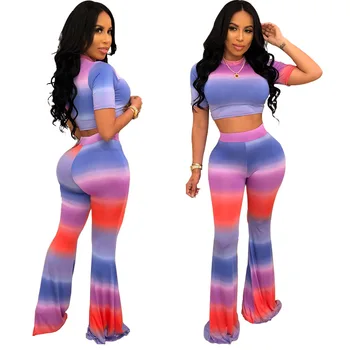 

Womens Yoga Sets Striped Dance Cycling Sports Suits Short Sleeve Crop Top Wide Leg Pants Fitness Clothes
