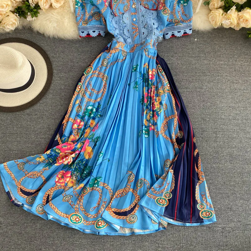 Lady New Fashion Short Sleeve Bow Collar Lace Stitching Pleated Elegant Dress Women Print High Street A-Line Vestidos H890