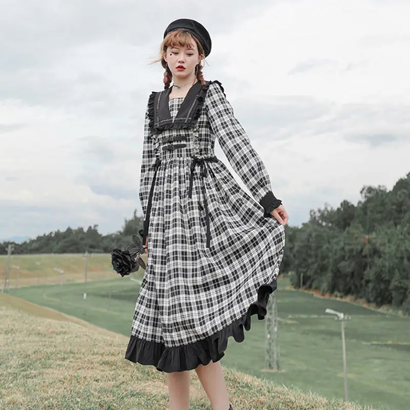 

Anbenser Gothic Lolita Dress Women Girls Vintage Plaid Ruffle Harajuku Casual Kawaii Long Sleeves Dresses Female Cosplay Costume