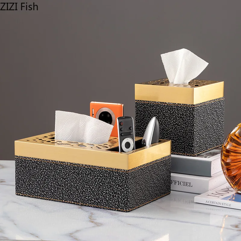 Metal leather tissue box Paper box Desktop storage organization ornaments Black print Embossed golden hollow Home Decoration 2