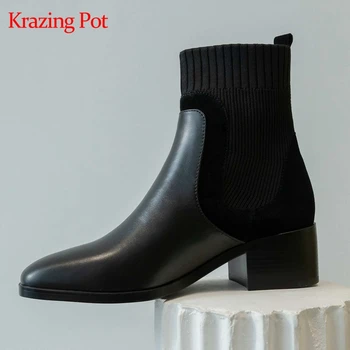 

Krazing pot genuine leather slip on European design stretch knitting sock boots round toe med heels solid color ankle boots L51