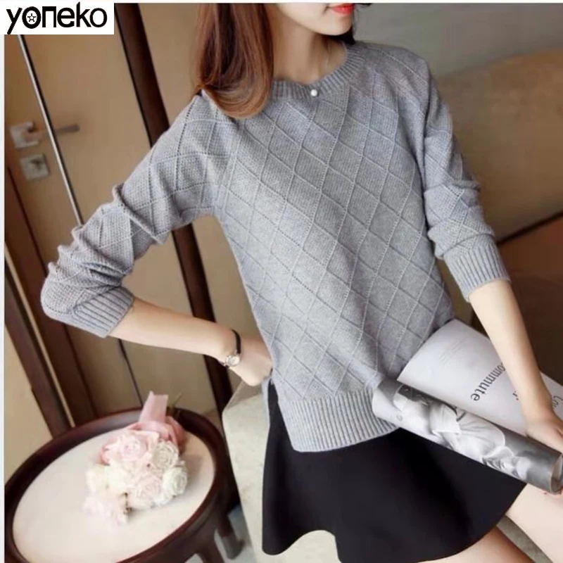 

Yoneko New Spring Autumn Fashion Round Neck Pullover Sweater Female Loose Short Casual Sweater Warm Long sleeve Knitted Sweater