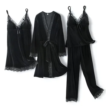 

Velvet Women 4PCS Robe Set Pajamas Autumn Winter Long Sleeve Sleepwear Nightwear Casual Soft Sleep Set Home Clothes Pijamas XXL