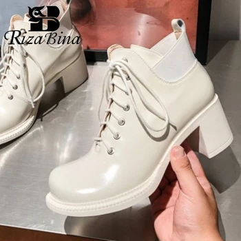 

RIZABINA Genuine Leather Woman Ankle Boots Fashion High Heel Winter Shoes Woman Cross Strap Office Lady Footwear Size 34-39