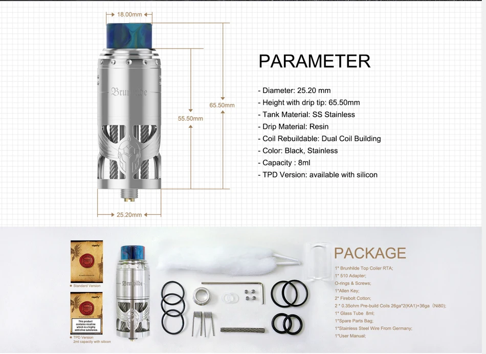 Горячая Vapefly брунхильд Топ намотка RTA 8 мл/2 мл с двойной катушкой здания Vape танк электронная сигарета распылитель