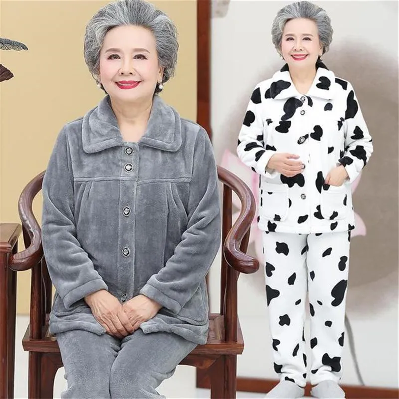 

Middle Aged Elderly Grandmother Pajamas Sets Autumn Winter Clothing Flannel Sleepwear Pants Pajamas Suits Home Suits Pyjama