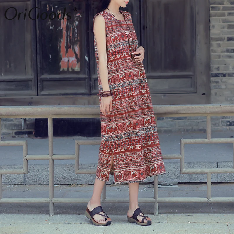 

OriGoods Print Dress Women O-neck Sleeveless Long Dress Cotton Casual Summer Dress Kawaii Cute Print Women Dress Vestidos C115