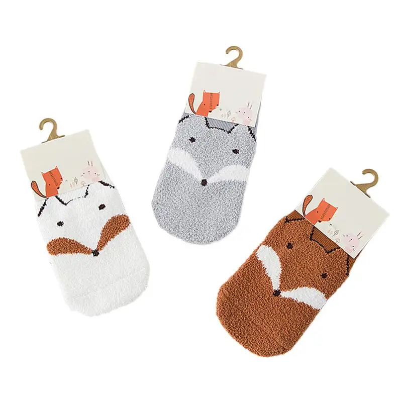 3 пары носков для девочек Теплые вельветовые носки кораллового цвета с рисунком лисы осенне-зимние детские носки для маленьких мальчиков и девочек