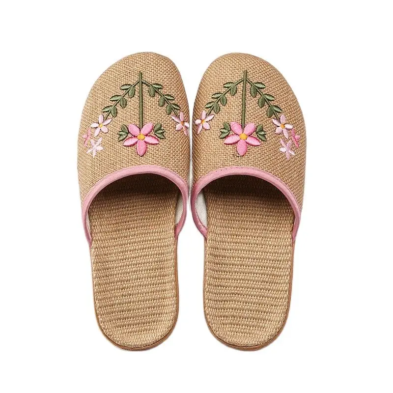 Suihyung New Women Breathable Flax Indoor Slippers Embroider Floral Linen Home Slip On Ladies Summer Non-Slip Fat Beach Shoes 