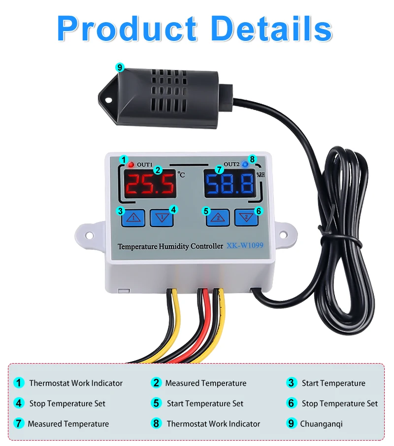 Цифровой регулятор температуры и влажности, термостат для яичного инкубатора, регулятор влажности, регулятор нагрева, контроль охлаждения W1099
