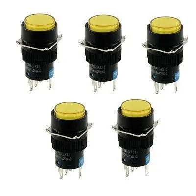 

5 Pcs AC 220V Yellow Lamp Round Latching 1NO 1NC Push Button Switch Fmyaw