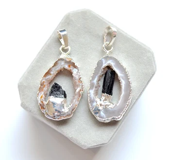 

Nature Geode slice agates with tourmaline pendants point ,druzy quartz pendants with gold edges