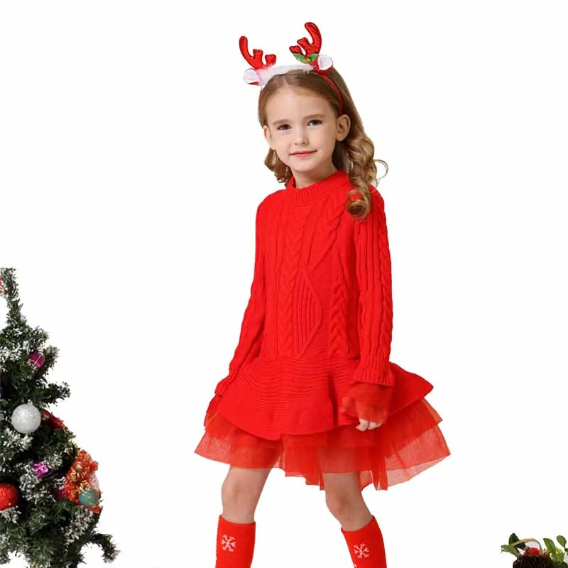 

Winter Knitted Chiffon Girl Dress Christmas Party Long Sleeve Children Clothes Kids Dresses For Girls For 2021 New Year Clothing