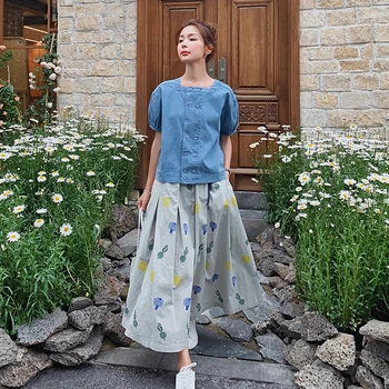 

Women Summer Two Piece Set Top and Skirt Vintage 2PCS Outfit Loose Casual Short Sleeve Denim Shirt High Waist Print Lonng Skirt