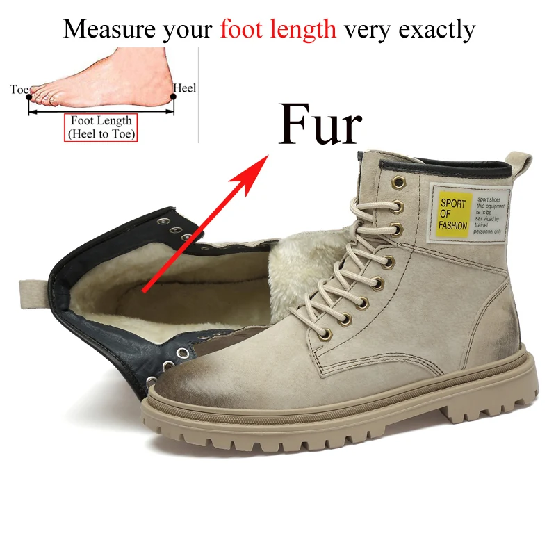 Beige-1(fur) Мужские зимние ботинки из натуральной кожи; мужские повседневные ботинки из свиной кожи на шнуровке; botas hombre Cuero Masculina Invierno Bottes Homme Cuir - Цвет: Beige-1(fur)