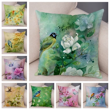 

Watercolor Flower and Birds Cushion Cover for Sofa Home Car Chair Plush Pillow Case 45x45cm Colorful Floral Animal Pillowcase