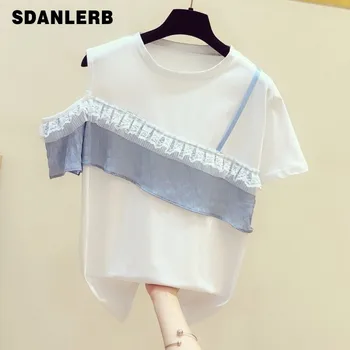 

Lace Ruffled Short-Sleeved T-shirt Female Top New Casual Tops Women's Summer Short Sleeve Off Shoulder Tshirt Tees