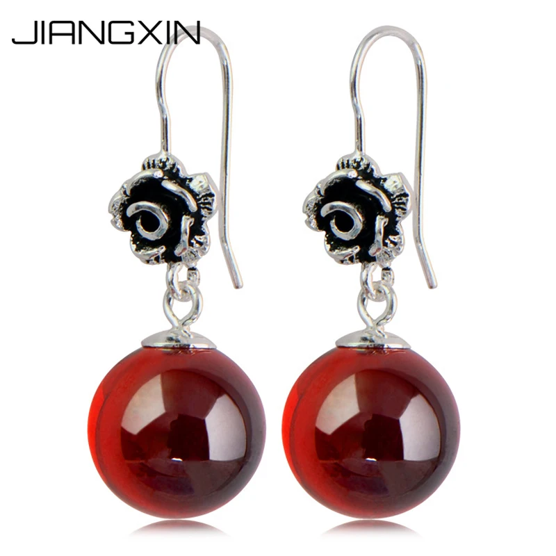 

925 Sterling Silver Created White Cat Eye Red Garnet Round Gemstone Rose Drop Earrings Dangle for Women