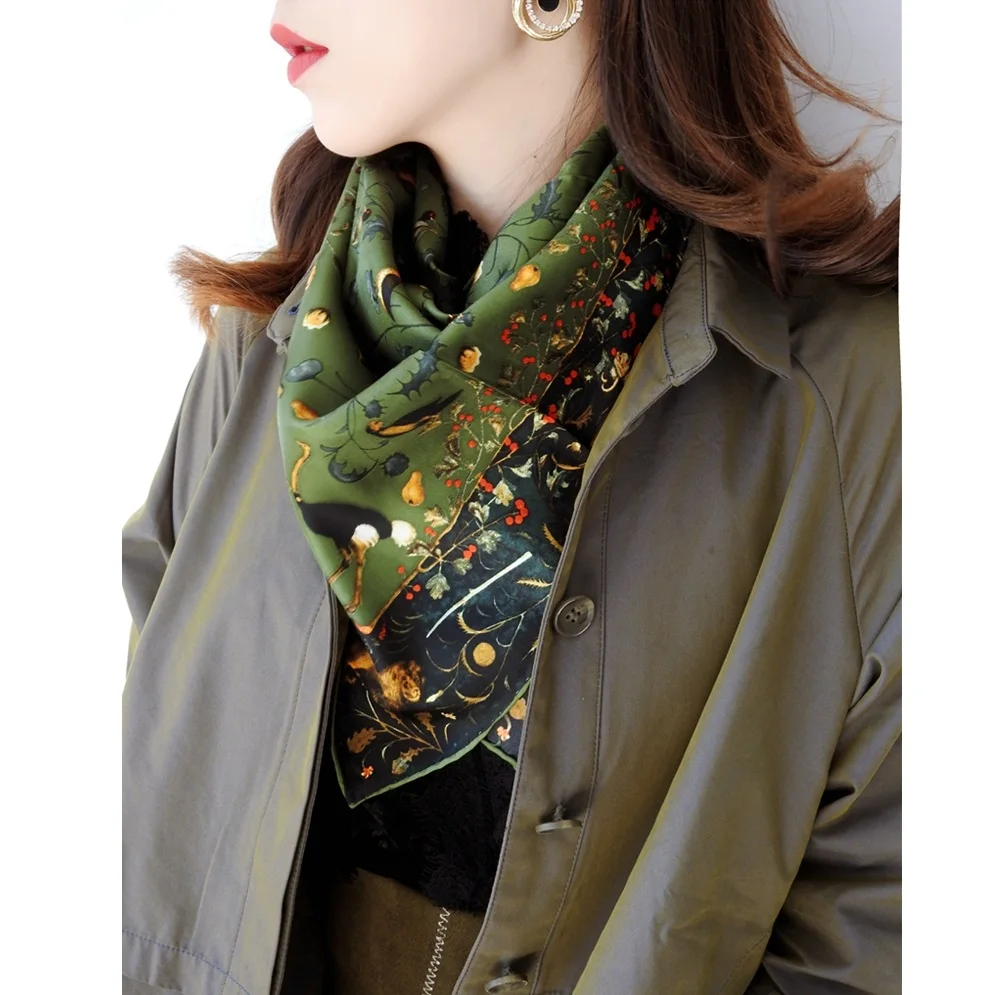  Spring Scenery & Brids Print 100% Twill Silk Scarf Women Ladies Square Silk Scarves Shawl Wraps OL 
