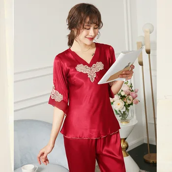 

Silky Women Sleepwear 2PCS Pajamas Set Satin Lace Shirt&Pants Intimate Lingerie Casual Nightwear Pyjamas Sexy Homewear Robe Gown