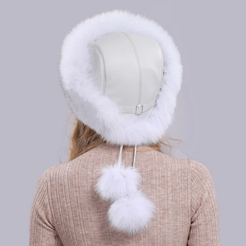 natural fox white Женская зимняя шапка из натурального Лисьего меха, теплая мягкая пушистая шапка из меха лисы, роскошная Высококачественная шапка-бомбер из натурального Лисьего меха - Цвет: natural fox white