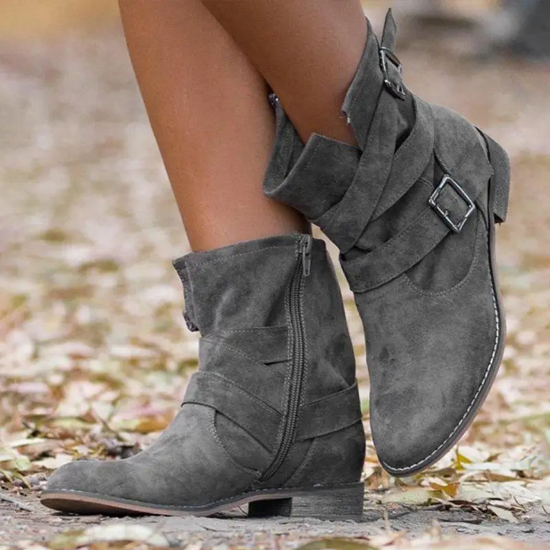 

Women Ankle Short Boots Flock Round Toe Buckle Strap Boots Retro Style Warm Zipper Non-slip Boots Shoes For Ladies Botas Mujer