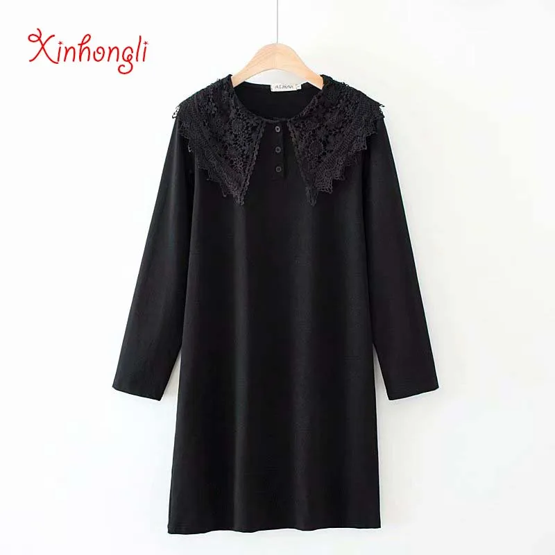 

Plus size solid black Lace Turn-down Collar women Straight dress 2020 NEW spring autumn long sleeve vestidos female dresses