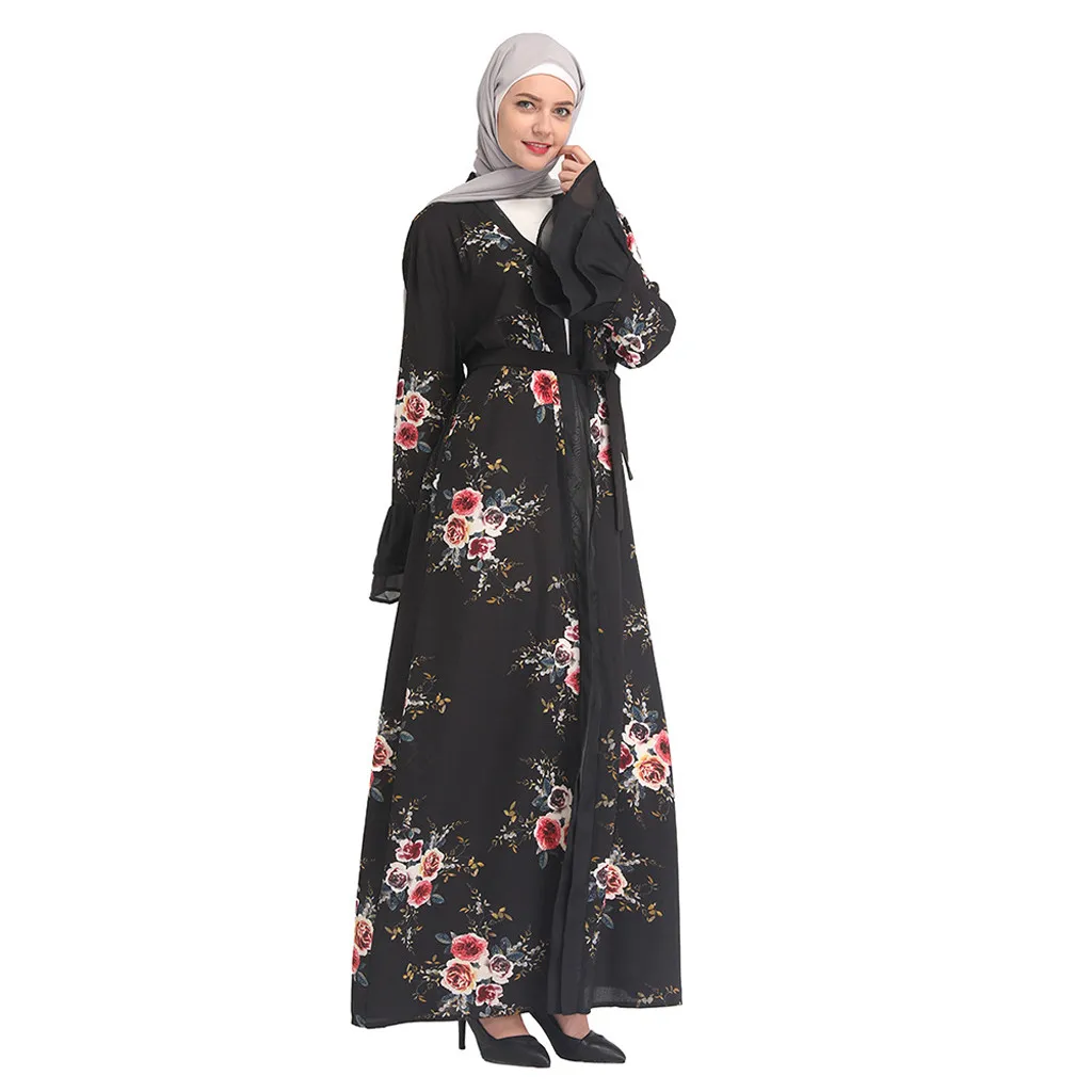 

KLV New Flower Print Abaya Dubai Muslim Hijab Dress Abayas For Women Kaftan Islamic Clothing Turkish Dresses Robe Femme Clothes