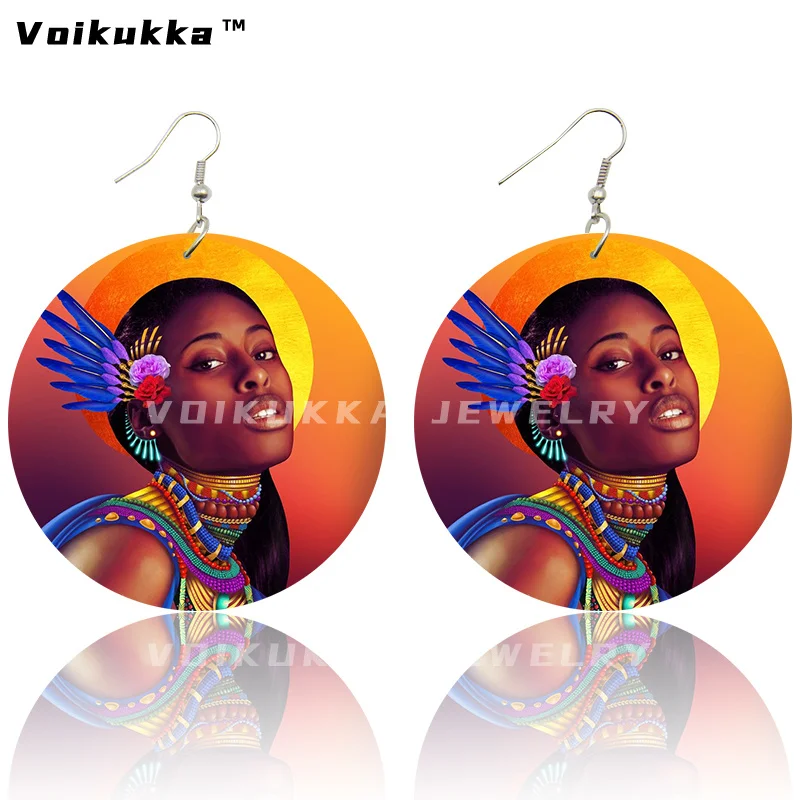 Voikukka Jewelry 6 Cm Circle African Women With Blue Hair Art Afro Girl Painting Wood Both Sides Printing Dangle Earrings