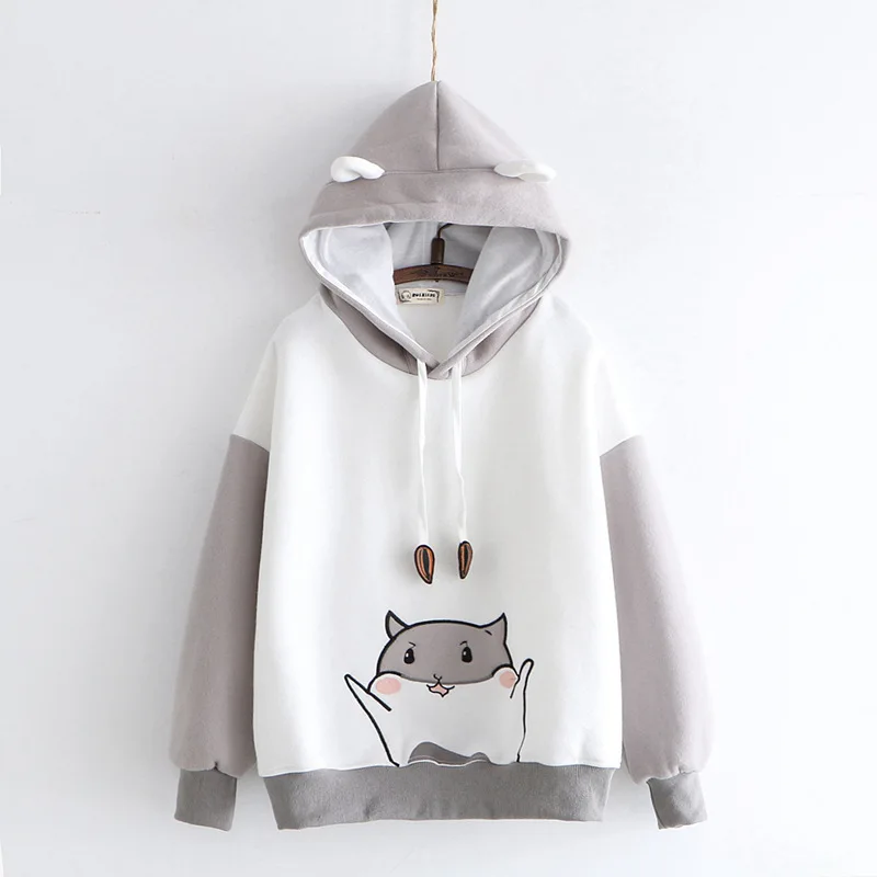 Kawaii Embroidery Women Loose Yellow Hoodies with Ear Winter Japanese Harajuku Cute Cartoon Animal Girls Fleece Grey Sweatshirt