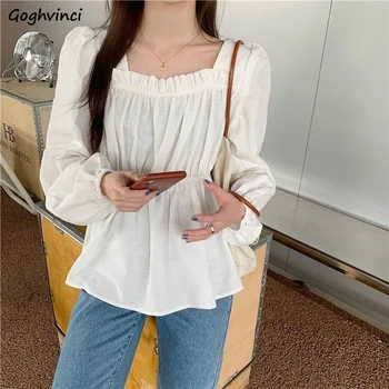 여성용 솔리드 러플 디자인 블라우스, 올매치 캐주얼 스트리트웨어, 심플 시크 루즈 셔링, 우아한 학생 패션, 한국 가을