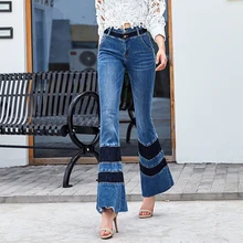 Модные длинные джинсовые брюки женские расклешенные брюки размер 25-30 деним кружева лоскутное стрейч Skynni джинсы с высокой талией