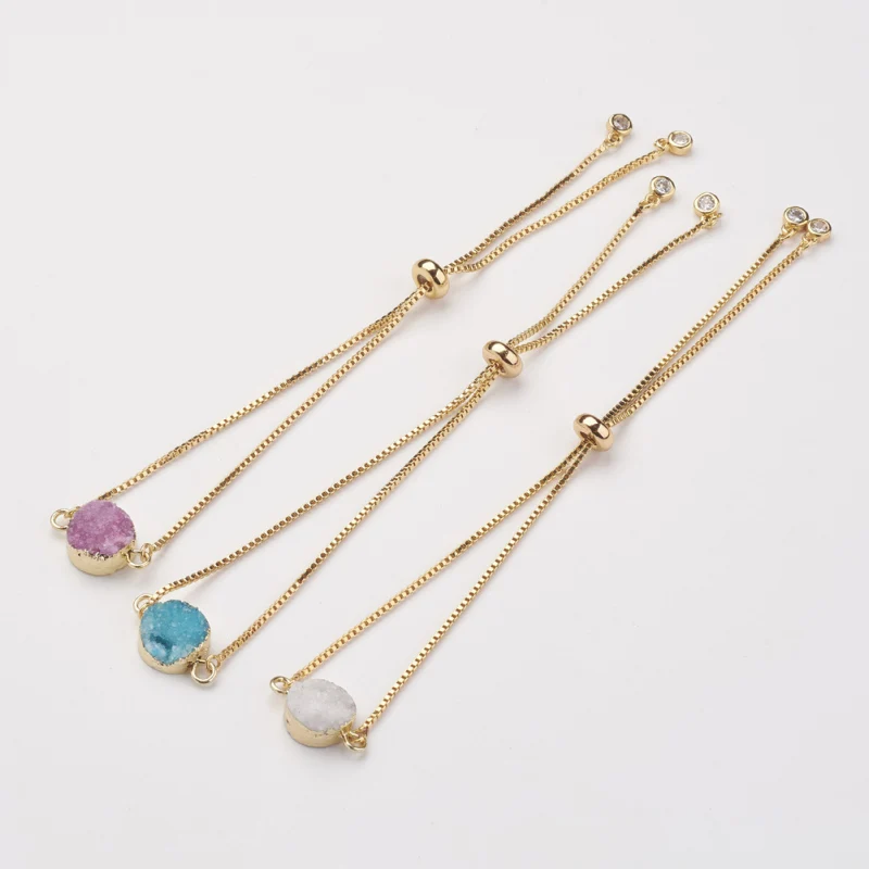 3 шт 260 мм длинные гальванические натуральные и окрашенная Друза звенья Браслеты Регулируемый плоский круглый ювелирный браслет для женщин Подарки