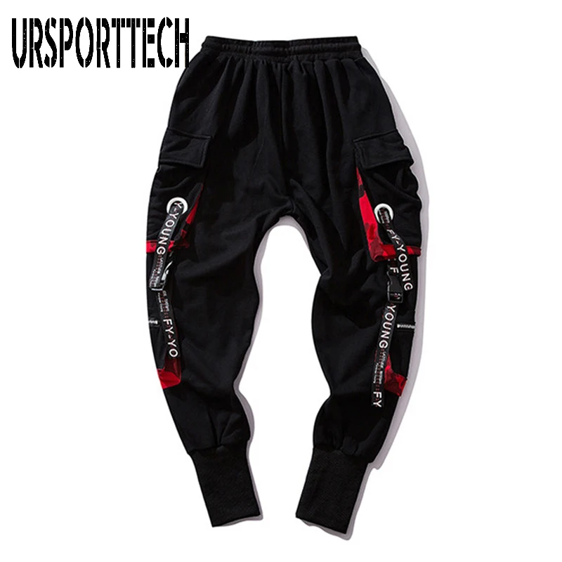 Hip Hop Joggers Men Letter Ribbons Cargo Pants Pockets Track Tactical Casual Techwear Male Trousers Sweatpants Sport Streetwear