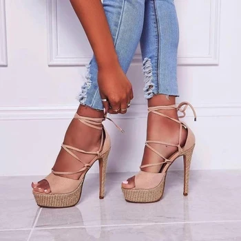 

Gladiator Peep Toe Women Sandals Super High Heels 16 CM Stiletto Heeled Platform Shoes Hollow Cross Bandage Lace Up Party Pumps