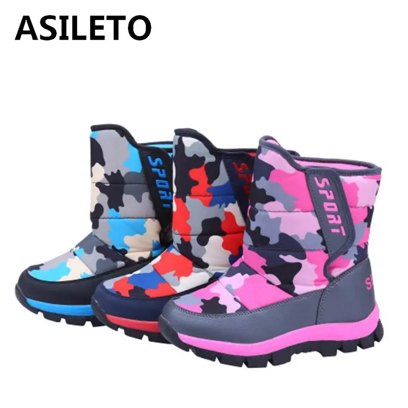 

ASILETO 2019 New Kids Snow Boots Round Toe Platform Square Heel Hook&Loop Plush PU Size 32-37 Casual Winter pelucia chaussures