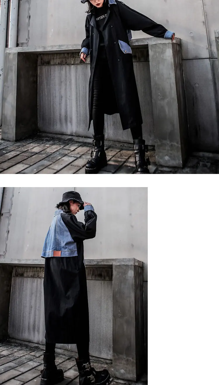 XITAO, черный женский длинный Тренч, модный, элегантный, с карманами,, осенний, пэчворк, богиня веер, двойная грудь, широкая талия, пальто, GCC1728