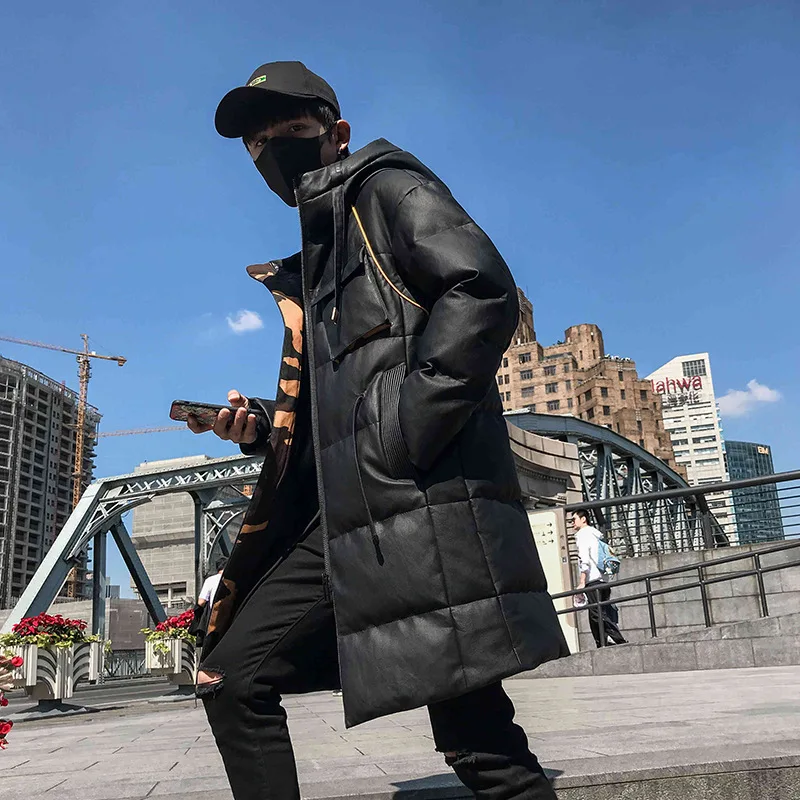 Cotton Coat Leather Coat Men's Mid-length Winter New Style Korean-style Trend Cotton-padded Clothes Fashion Slim Fit Hat PU