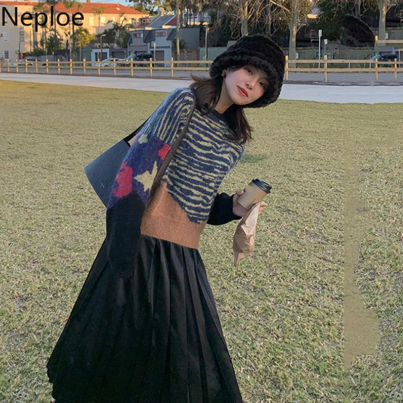 Neploe осень зима Ins Jersey Mujer контрастный цвет лоскутный толстый теплый пуловер свитер мохеровый полосатый свободный Pull Femme