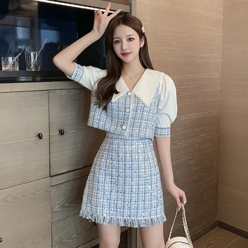 

Womens Tweed Skirts Suits Two Piece Set Clothing Women patchwork Crop Top and Tassel Skirt Set Ladies Casual Uniform Outfit