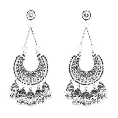Свисающие индийские серьги Piuma ювелирные изделия Jhumka Племенной Золото Серебро кисточкой из бисера оксидированный Афган серьги Этническая Цыганская Пакистанская непальская - Окраска металла: Silver Metal