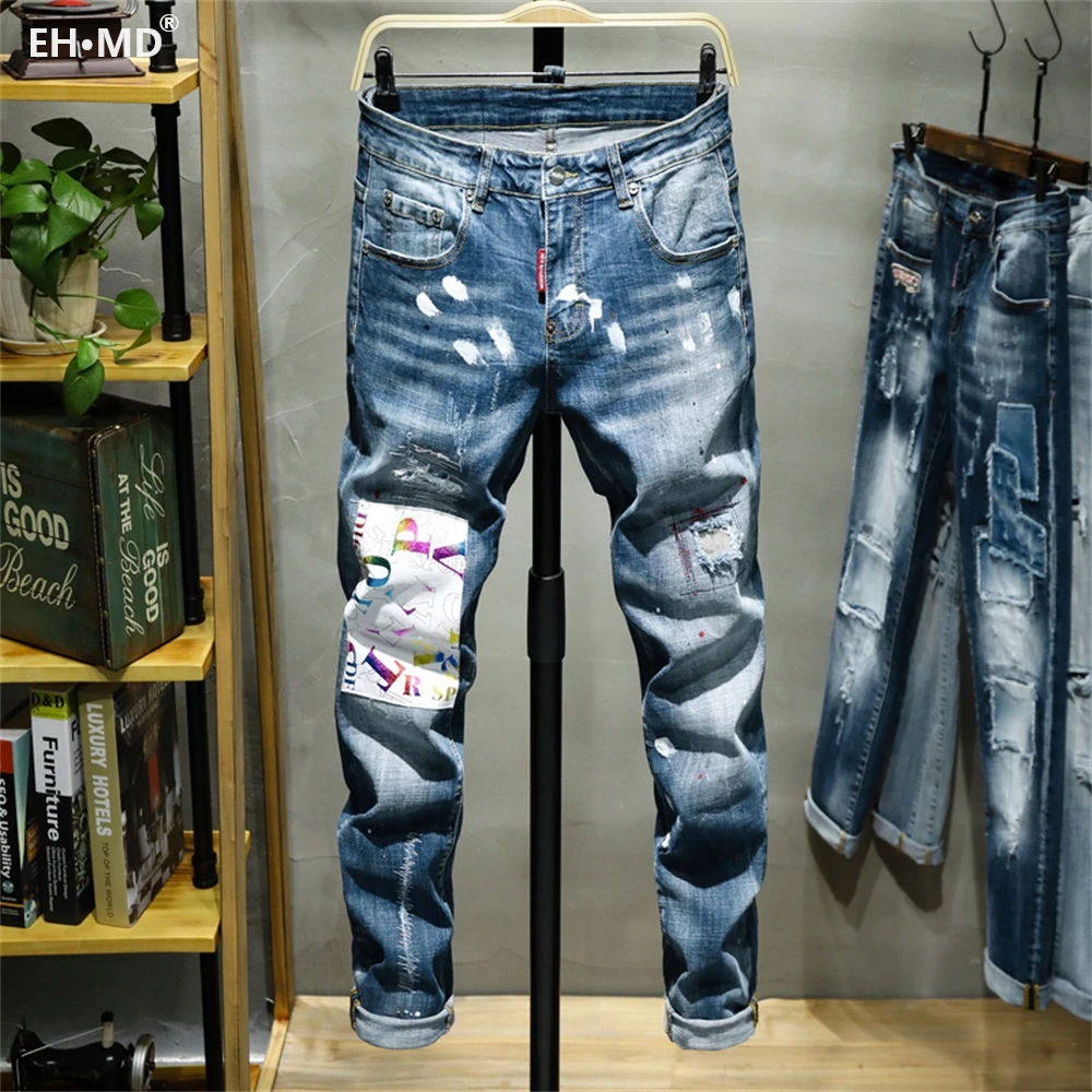 EH · MD®Лаком теплые мужские джинсы стрейч с дырками и заплатами для вышивка мягкий