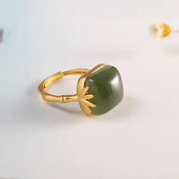 

Fashion Small Fresh S925 Silver Gold-plated Women's Bamboo Joint Hetian Jade Ring