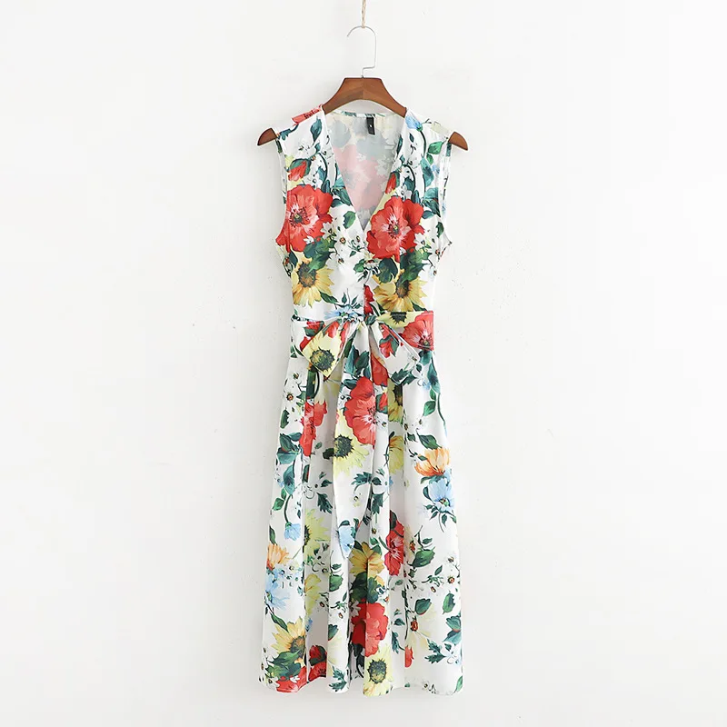 

2019 Summer New Style Women's Western Style Flower Printed Sleeveless Mid-length Dress