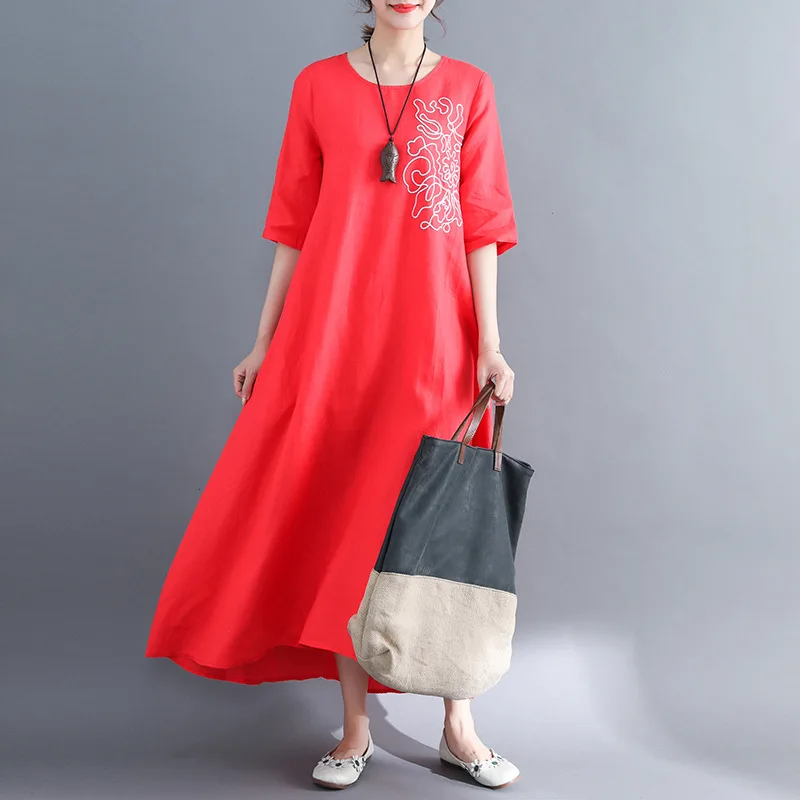 

2018 Summer New Style Literature And Art Loose Cotton Linen Large Size Dress Embroidery Mid-length Half-sleeve Shirt Big Hemline