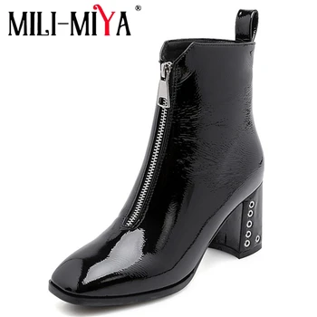 

MILI-MIYA Women Motorcycle Boots Patetn/Pu/ Leather/Flock Spring/Autumn Square Toe Waterproof Solid Color Plus Size 34-43