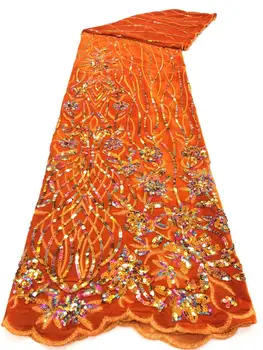 

New Coming Orange African Velvet Lace Fabric Mix Net Under Cloth With Sequins High Quality Shiny Nigerian Wedding Wear 5 Yards