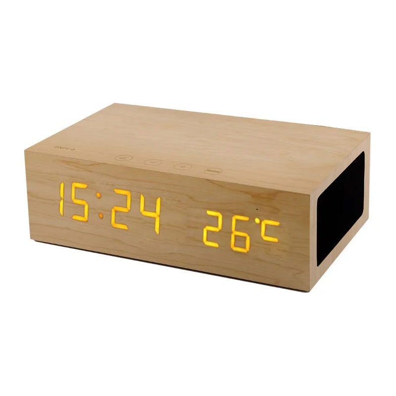

Alarm Clock LED Time Wireless Speaker Thermometer Wood Bluetooth 4.0 Speaker Handsfree Dual USB Charging With NFC Function